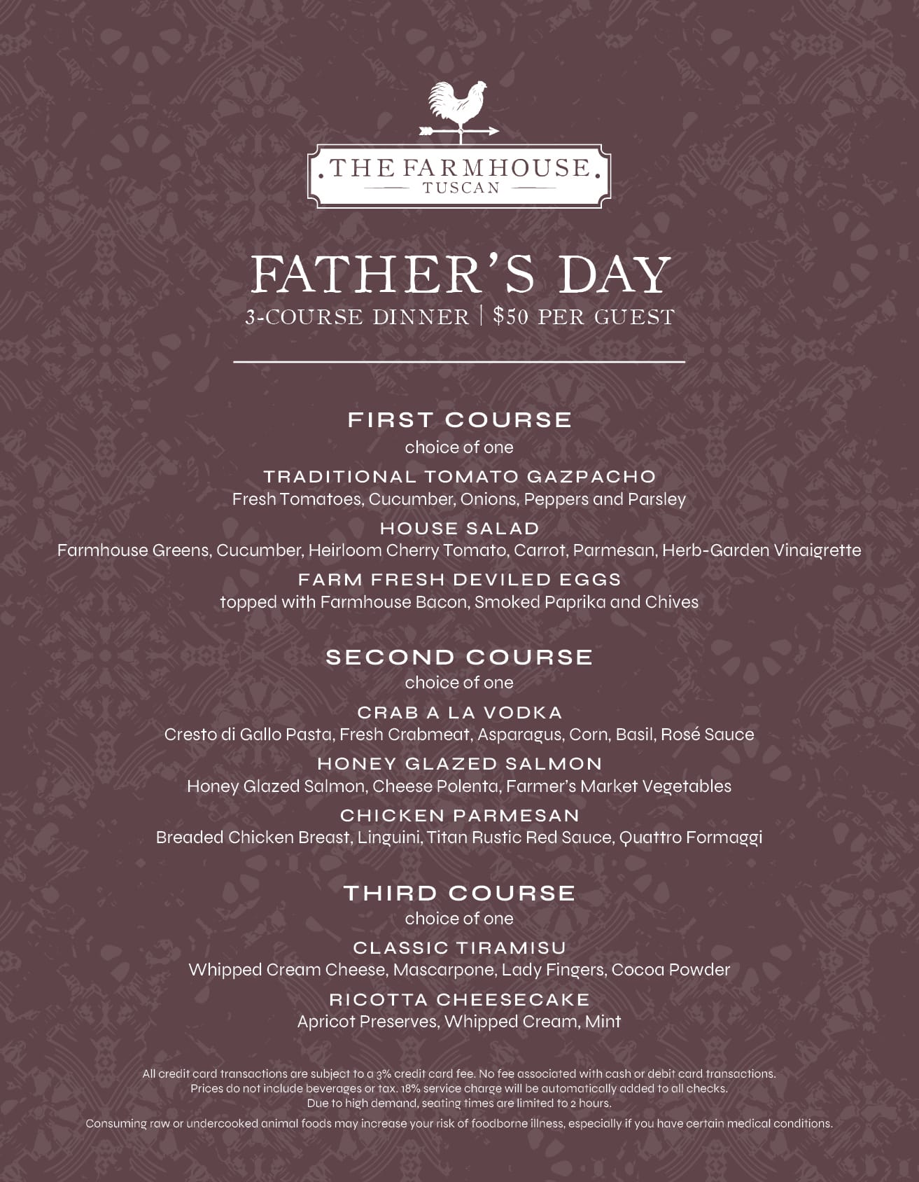 Father's Day three-course dinner menu for The Farmhouse Tuscan, $50 per guest, with listed courses below.