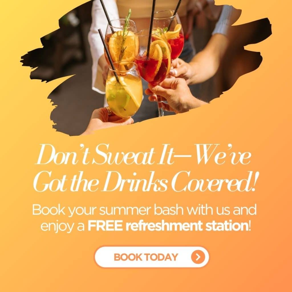 Friends toast with colorful cocktails on a gradient orange promo for a summer bash and free refreshment station.